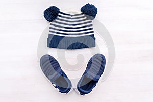 Babys blue hat,beanie and sneakers. Set of children\'s clothes and accessories for spring, autumn. Fashion