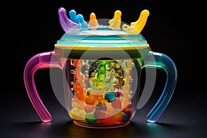 babys colorful sippy cup filled with water or juice