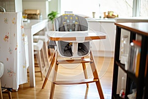 a babys high chair next to a dining table setup