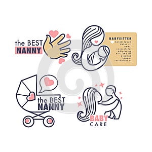 Babysitter agency nanny service isolated emblems baby care vector child palm woman and newborn nipple