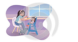 Babysitter feeding kid in kitchen