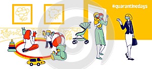 Babysitter and Nanny Occupation at Quarantine due to Covid 19 Concept. Nursery Characters in Masks Playing with Children