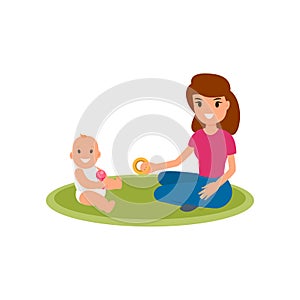 A babysitter or nanny sits on the carpet and plays with the baby. Vector flat isolated illustration on white background.