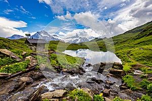 Bachalpsee lake at dawn, Bernese Oberland, Switzerland. Alpine view of the Mt. Schreckhorn and Wetterhorn. Location Bachalpsee in