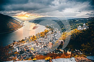 Bacharach aerial panoramic view. Bacharach is a small town in Rhine valley in Rhineland-Palatinate, Germany