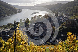 Bacharach with panoramic view small town in the Rhine Valley in autumn in the vineyards in Rhineland-Palatinate