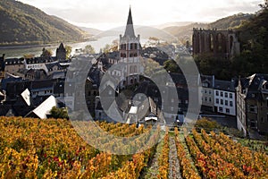 Bacharach with panoramic view small town in the Rhine Valley in autumn in the vineyards in Rhineland-Palatinate