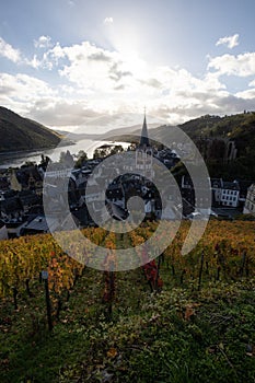 Bacharach with panoramic view small town in the Rhine Valley in autumn in the vineyards in Rhineland-Palatinate