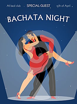 Bachata night dancing party poster or invitation card flat vector illustration.