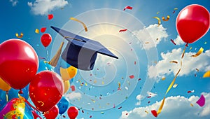 Bachelor\'s cap, sky balloons celebrate cognition photo