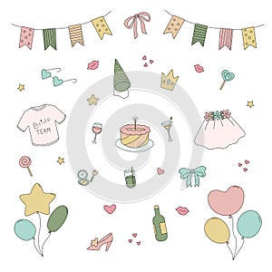 Bachelorette party doodle set. Cartoon symbols for hen party such as veil, garland, balloons. Vector illustration