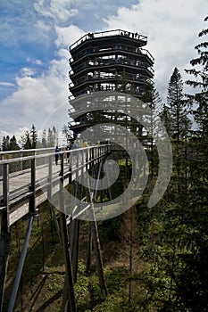 Bachledova valley, sightseeing tower and Wooden walkway crown of trees in fogy weather.