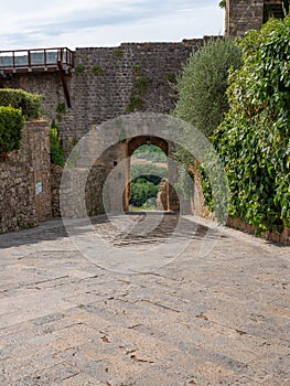 Back Access Door and Outer Walls of the Medieval Village of Monteriggioni in Siena, Tuscany - Italy