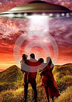 Back, alien and flying ufo with a family outdoor in nature together during an invasion or spaceship discovery. Universe