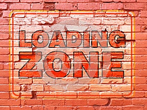 back alley loading zone painted red brick wall worn faded truck industrial sign