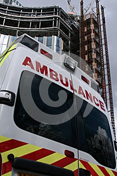 Back of an ambulance with office background