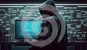 Back of anonymous robot hacker. Concept of hacking cybersecurity, cybercrime, cyberattack, etc