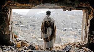 Back of arabian man in ruined city Hajjah, Yemen