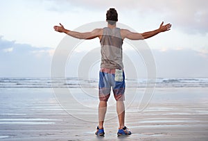 Back, arms raised and man with vacation, journey and travel with summer break and tropical island getaway. Person