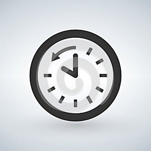 Back arrow around clock glyph icon. Counterclockwise. Reschedule. Silhouette symbol. Negative space. Vector isolated illustration.