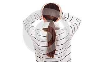 Back of Asian girl with scarf got headache