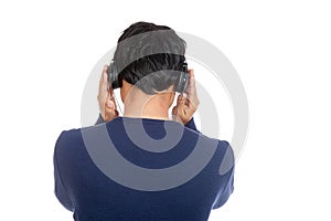 Back of asian man with listen to music with headphone