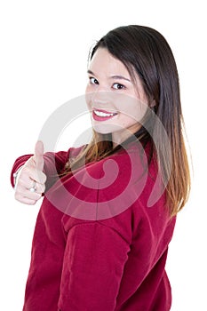 Back attractive woman in red sweater with thumb up