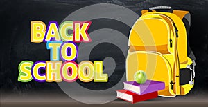 Back background on a school theme with a backpack, apple, books