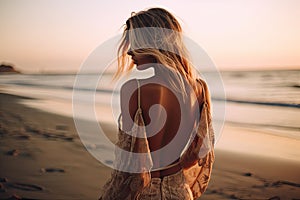 Back beautiful slim chic girl with long blond hair in golden hour against the background sea on beach. Generative AI