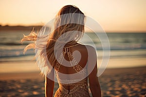 Back beautiful slim chic girl with long blond hair in golden hour against the background sea on beach. Generative AI