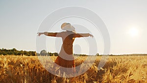 Back of a beautiful young pregnant woman in the rays of the sunset. Girl in the countryside field. Freedom and happiness