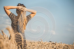 Back of beautiful young woman enjoying nature, raising hands on background of cloudy sky in wheat field, girl raise hands and