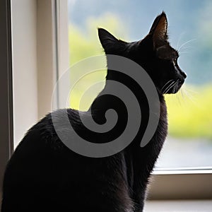 The back of a black cat in front of the window. Generative AI