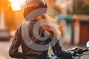 Back of blonde biker girl in a leather jacket and helmet on a motorcycle. Generative AI