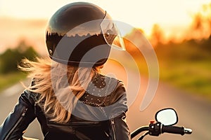 Back of blonde biker girl in a leather jacket and helmet on a motorcycle. Generative AI