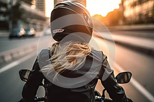 Back of blonde biker girl in a leather jacket and helmet on a motorcycle. Generative AI