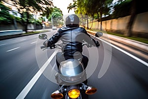 Back of blonde biker girl in a leather jacket and helmet riding on motorcycle. Generative AI