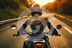 Back of blonde biker girl in a leather jacket and helmet riding on motorcycle. Generative AI