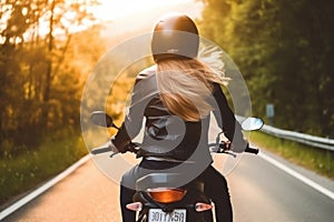 Back of blonde biker girl in a leather jacket and helmet riding on motorcycle. Generative AI