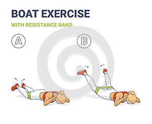 Back Boat with Resistance Band Exercise illustration. Colorful Concept of Girls Back Strength Workout with Elastic Band.