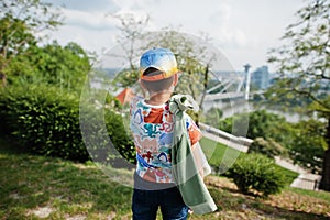 Back of boy stand of view Bratislava bridge, Slovakia