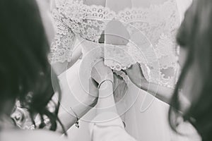 Back of bride and female hands of bridesmaids