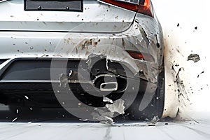 The back of broken and damaged red car, white background