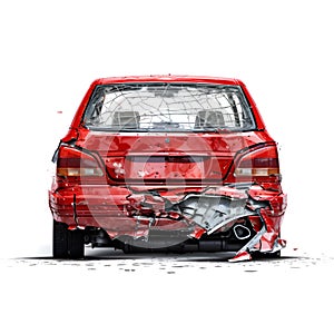 The back of broken and damaged red car, white background