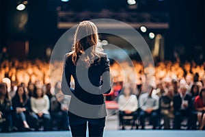 The back of business women give a speech to people, generative AI