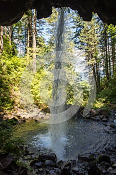 Back cave view of Ponytail Falls in the Columbia River Gorge waterfall area of Oregon