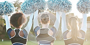 Back of cheerleader, sports and women on field for performance, dance and motivation for game. Teamwork, dancer and