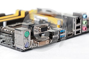 The back of the computer motherboard with DVI and VGA connectors for connecting a monitor