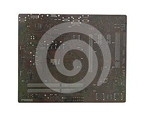 Back of computer motherboard  on white background