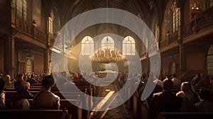 Back of congregation in large ornate church with chandelier photo